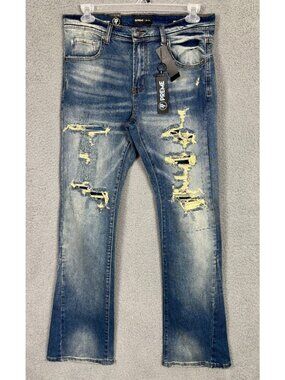 Preme Mens Five Pocket Ripped / Distressed Denim Jeans Blue 34W x 35L NWTs
